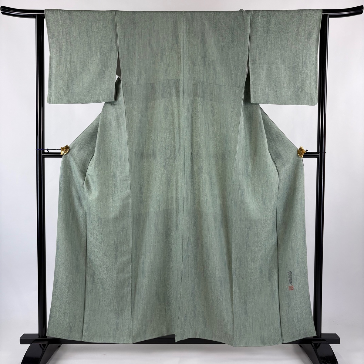 小紋 身丈156cm 裄丈64.5cm M 袷 落款 墨流し 地紋 薄緑 正絹 名品 【中古】