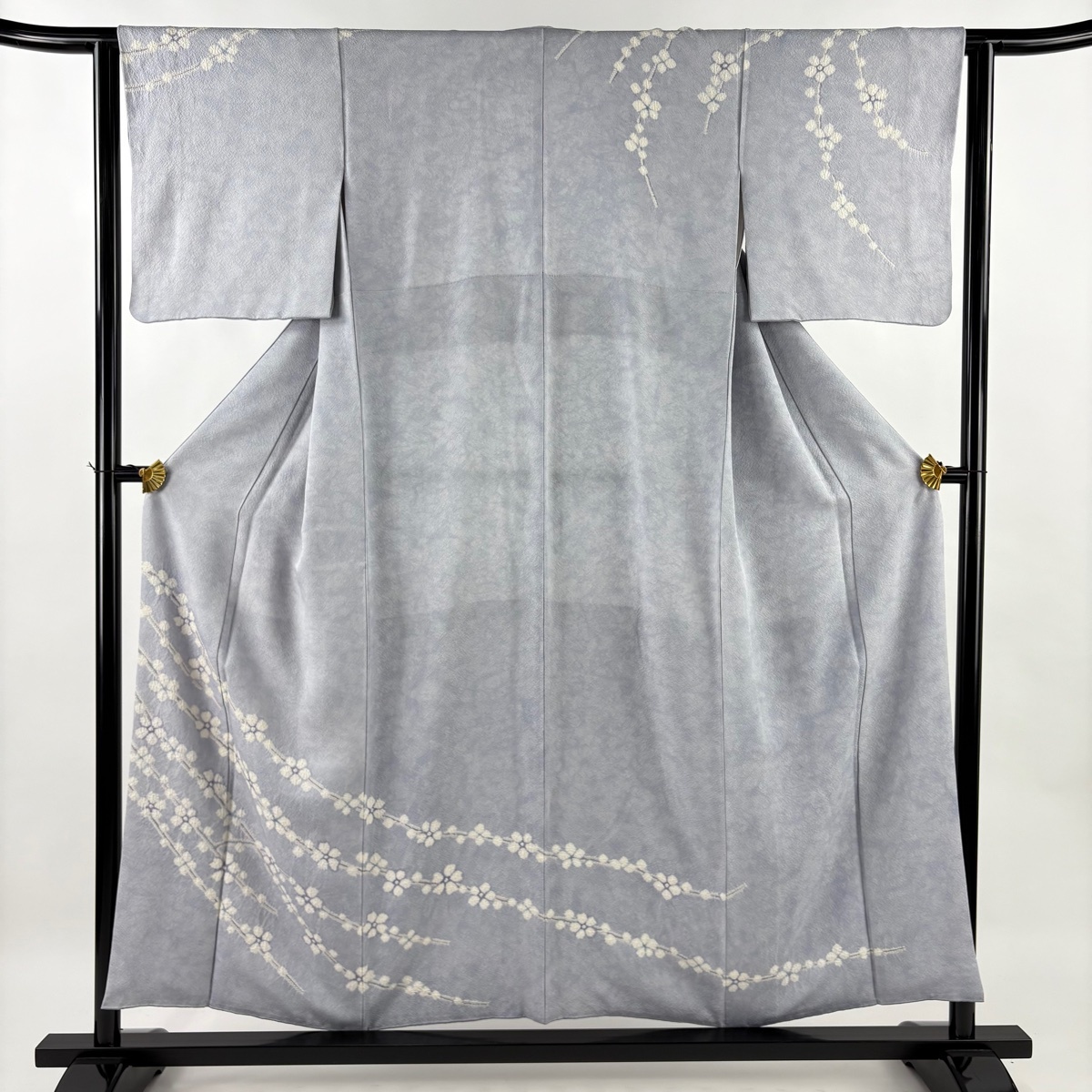 訪問着 身丈155cm 裄丈62cm S 袷 枝梅 絞り 青灰色 正絹 秀品 【中古】