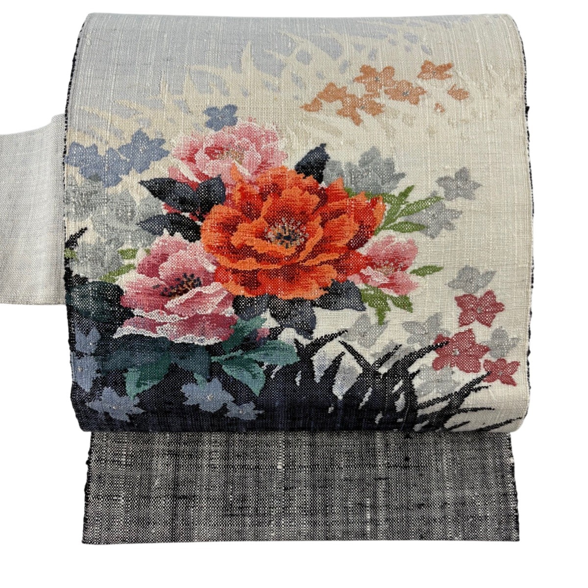 【美品】 名古屋帯 秀品 八寸名古屋帯 草花 シルエット 金銀糸 クリーム 正絹 【中古】