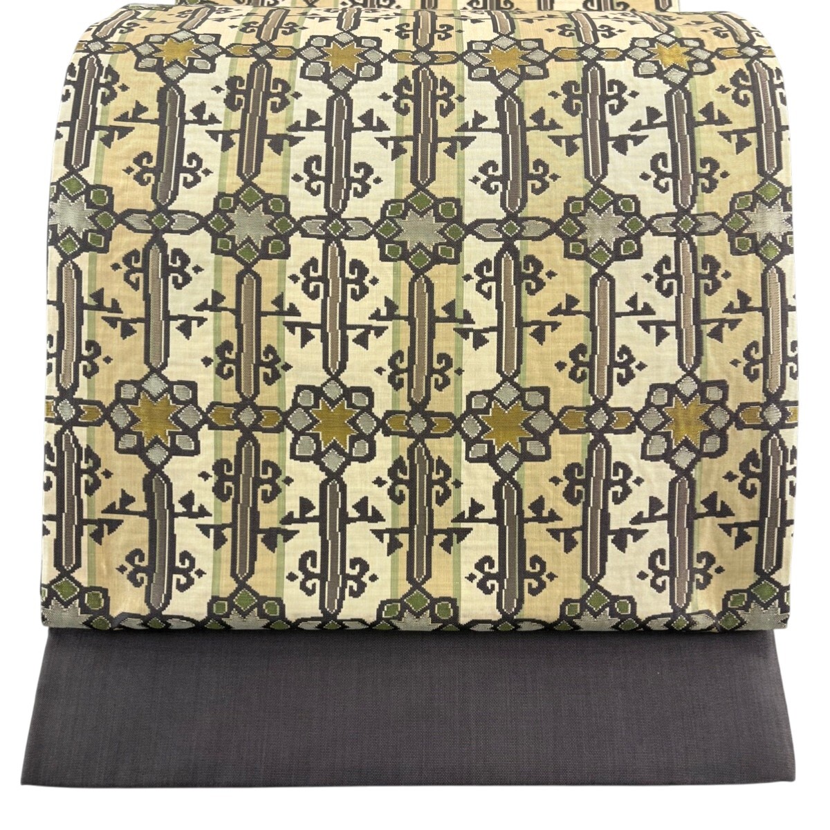 【美品】 袋帯 逸品 木屋太 落款 幾何学模様 縞 薄茶色 六通 正絹 【中古】