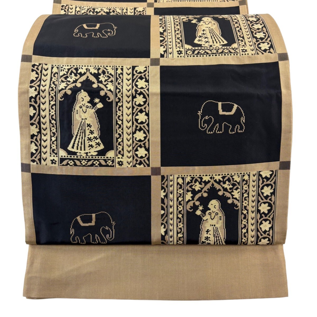 袋帯 逸品 木屋太 落款 証紙 人物 象 薄茶色 六通 正絹 【中古】