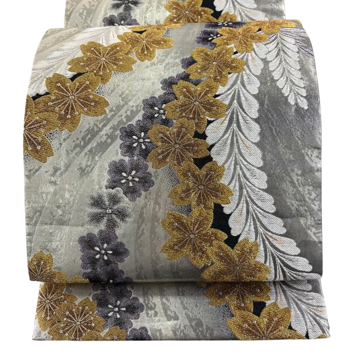 袋帯 秀品 振袖向き 桜 藤 金糸 箔 銀色 六通 正絹 【中古】