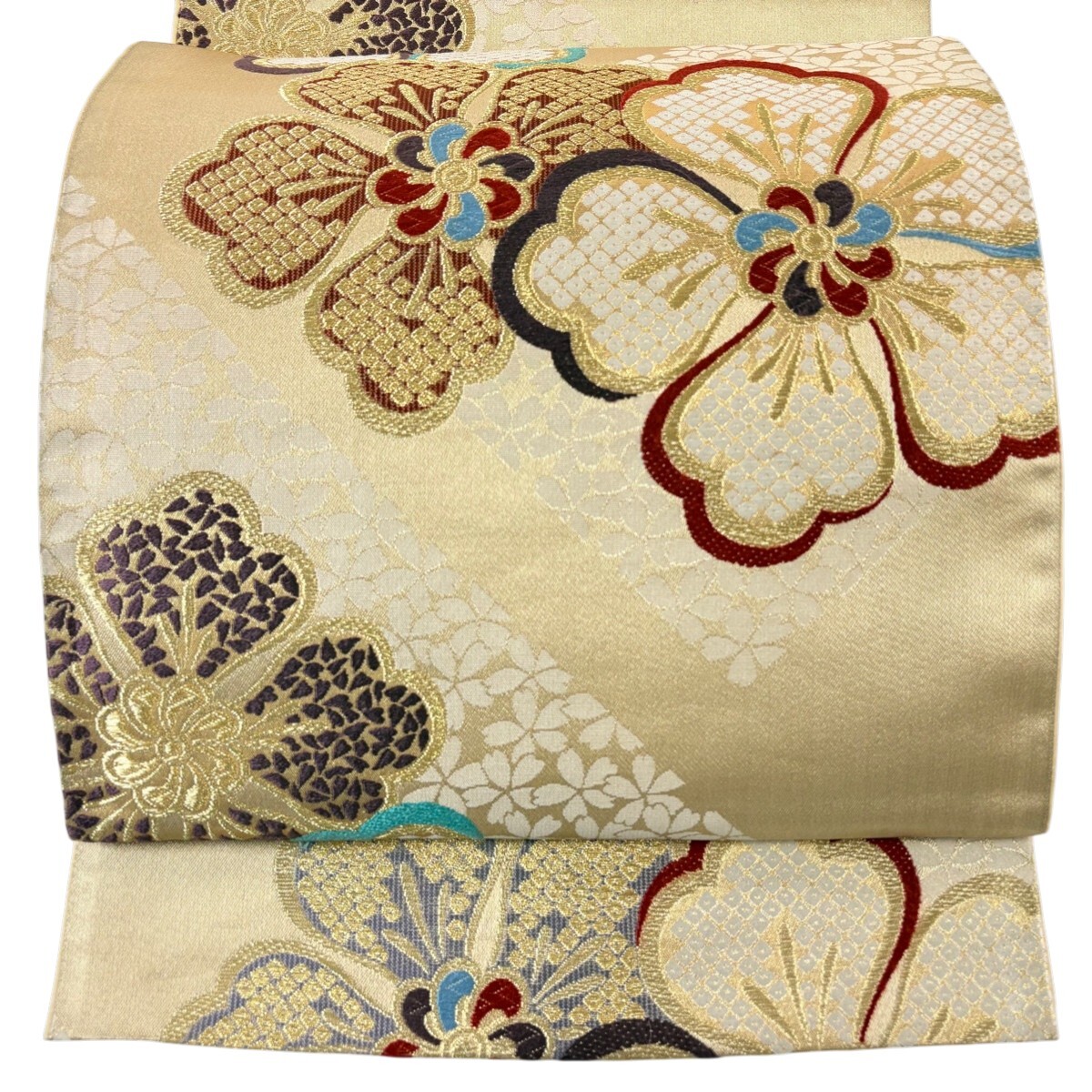 袋帯 秀品 振袖向き 桜 金糸 箔 金色 六通 正絹 【中古】