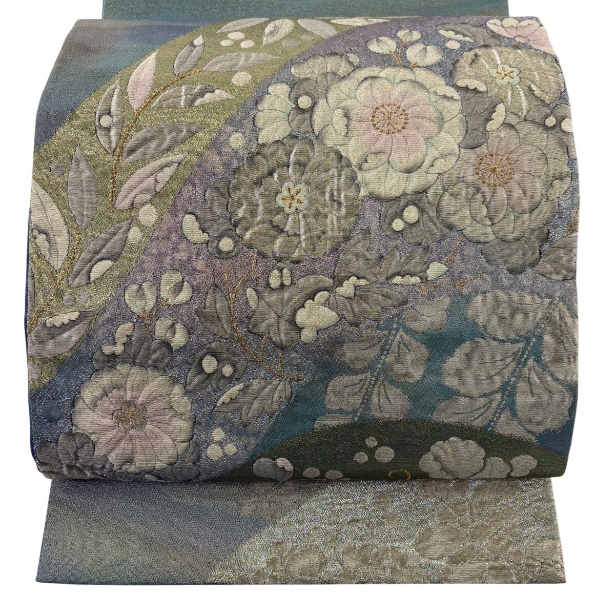 【美品】 袋帯 秀品 じゅらく 落款 伯仙錦 辻が花 霞 金糸 箔 青緑 お太鼓柄 正絹 【中古】