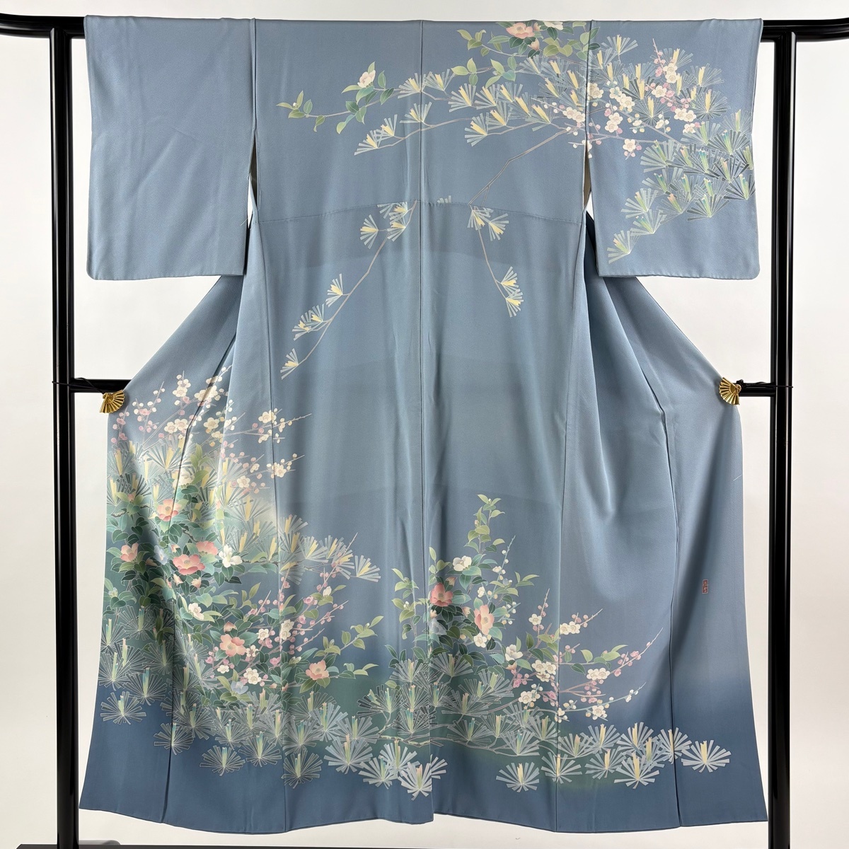訪問着 身丈150cm 裄丈60.5cm S 袷 阿部佳雪 落款 松梅 椿 ぼかし 水色 正絹 秀品 【中古】