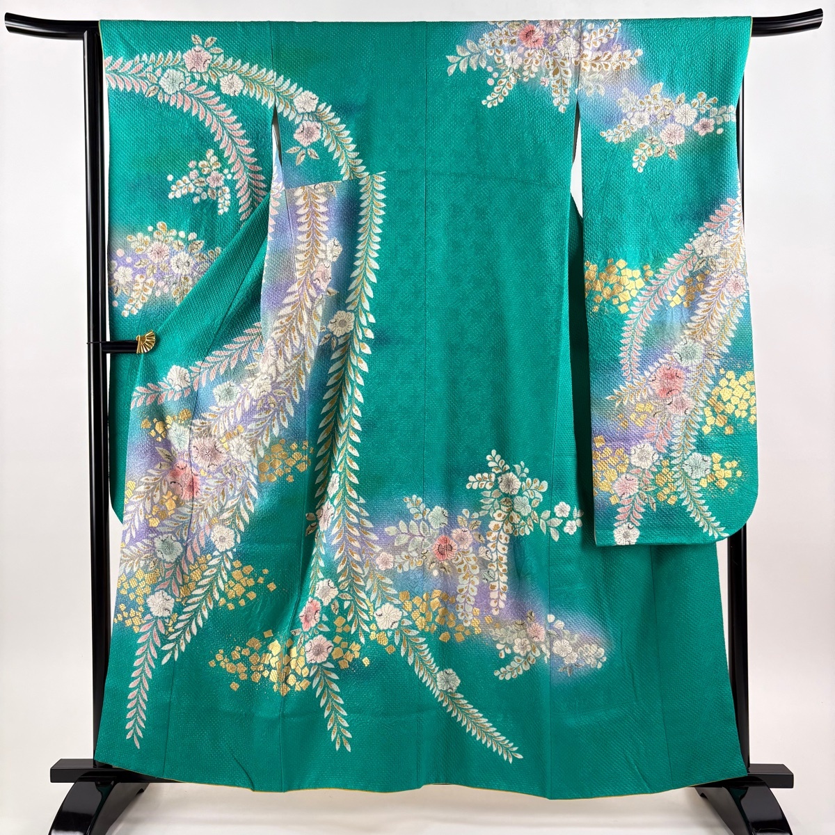 振袖 身丈160cm 裄丈65.5cm M 袷 やまと 辻が花柄 金彩 絞り 緑 正絹 名品 【中古】