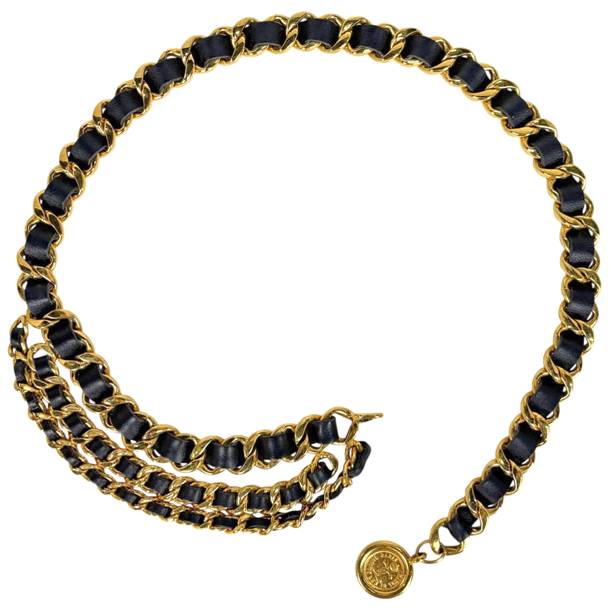 シャネル CHANEL ココマーク チェーン ベルト 3連 コイン 93A ベルト GP レザー ゴールド ブラック レディース 【中古】