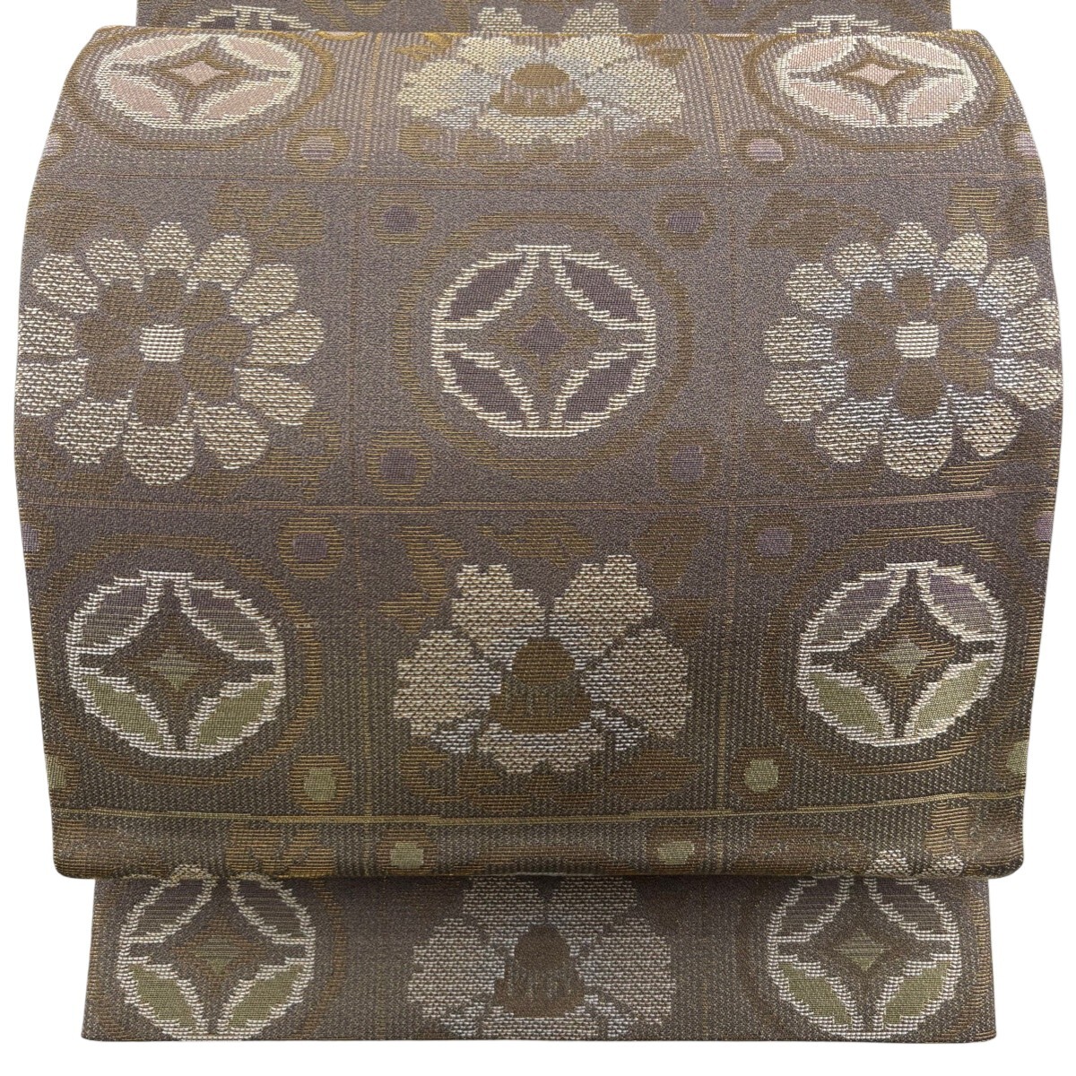 【美品】 袋帯 秀品 草花 七宝文 金糸 茶紫 六通 正絹 【中古】
