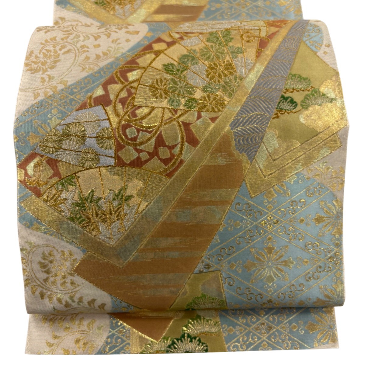 袋帯 逸品 川島織物 落款 本極錦 檜扇 菊 金色 六通 正絹 【中古】