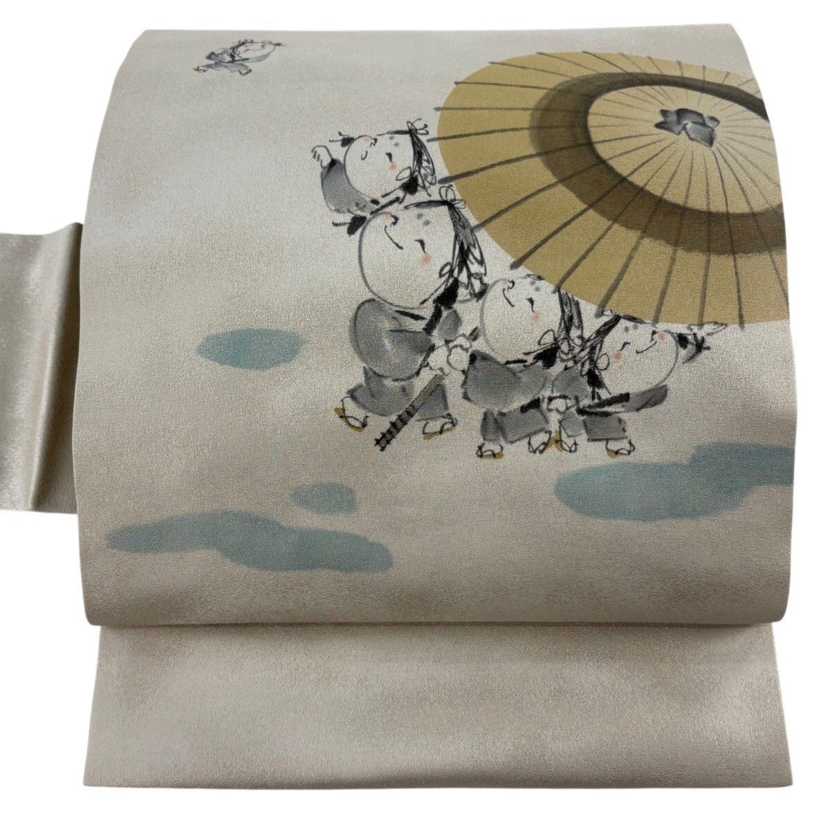 【美品】 名古屋帯 秀品 落款 人物 番傘 薄茶色 正絹 【中古】