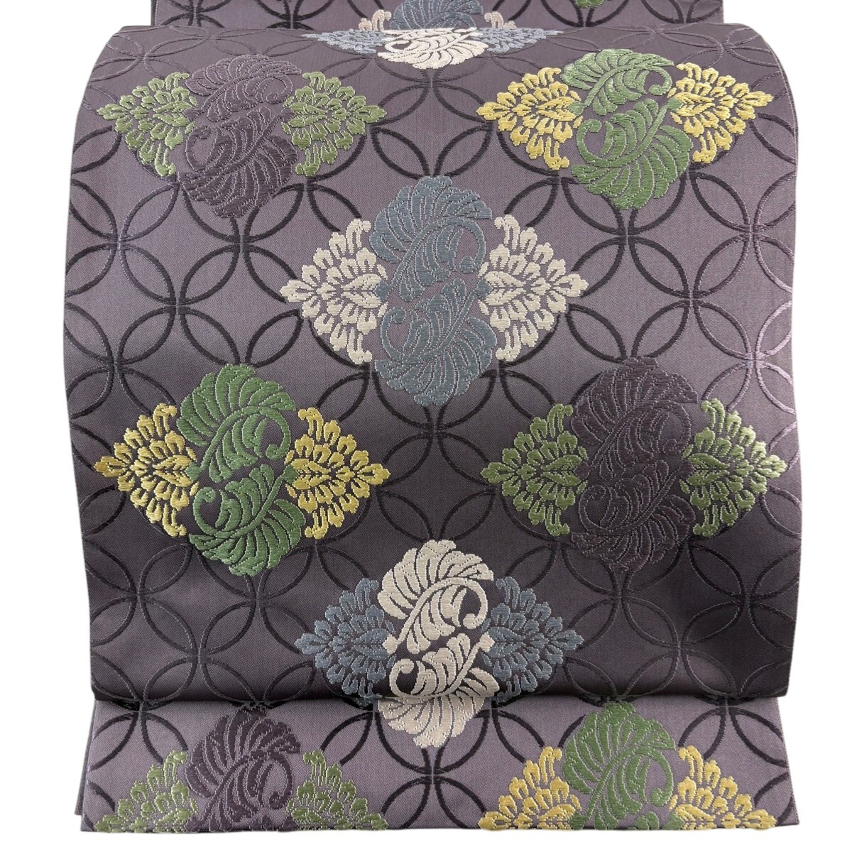 【美品】 袋帯 名品 草花 七宝 灰紫 六通 正絹 【中古】