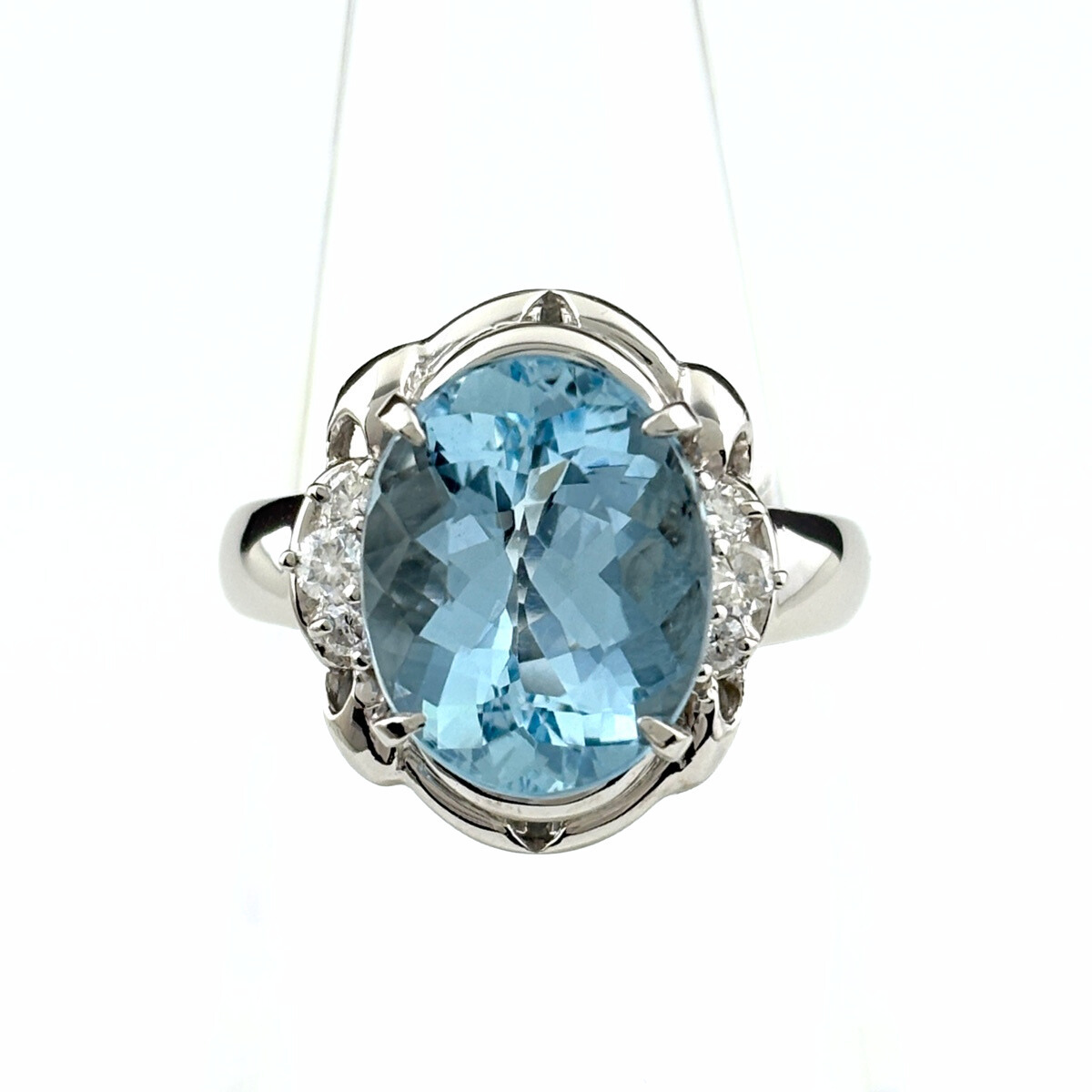 アクアマリン デザインリング プラチナ 指輪 メレダイヤ リング 12.5号 Pt900 アクアマリン ダイヤモンド レディース 【中古】