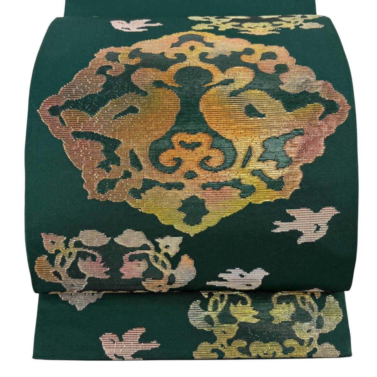 【美品】 袋帯 逸品 龍村平蔵 落款 対鳳華文 箔 深緑 お太鼓柄 正絹 【中古】