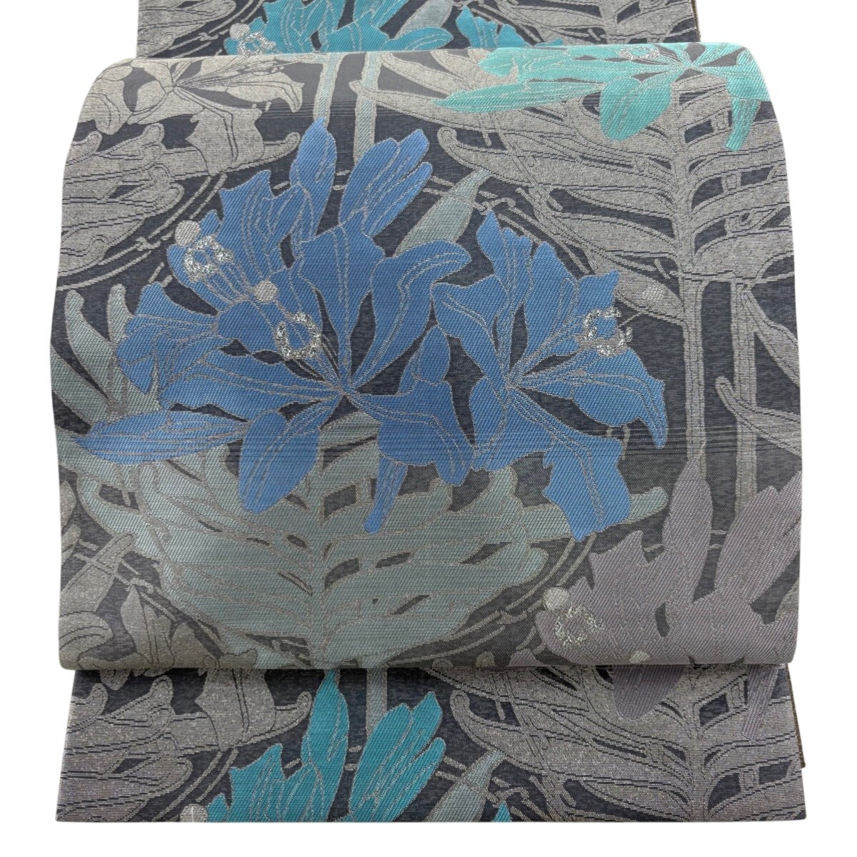 袋帯 逸品 となみ織物 落款 証紙 草花 箔 灰色 全通 正絹 【中古】