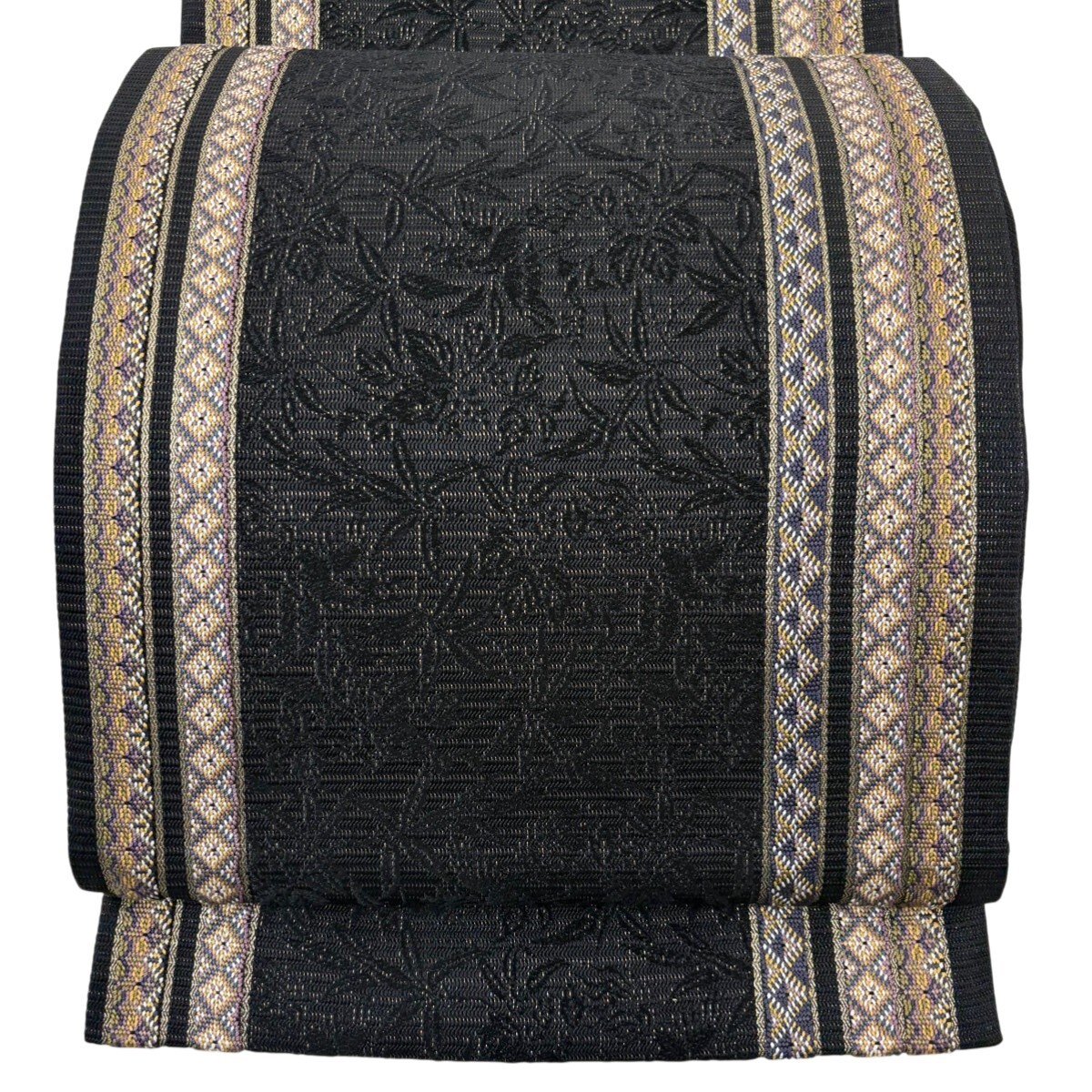 【美品】 袋帯 名品 菱 縞 金糸 黒 全通 正絹 【中古】