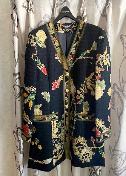 レオナール★Leonard/ロング・ジャケット コート トップス Sz.11AR／黒地 宝石 花柄 ウール60、シルク40混
