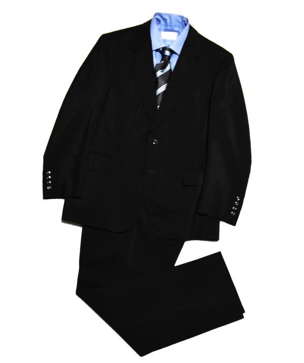 299★超美品★DORMEUIL★英国ドーメル★品格の黒にネイビー幅広ストライプ極上生地仕立&上質なクオリティ高を感じらる2BシングルスーツLW86