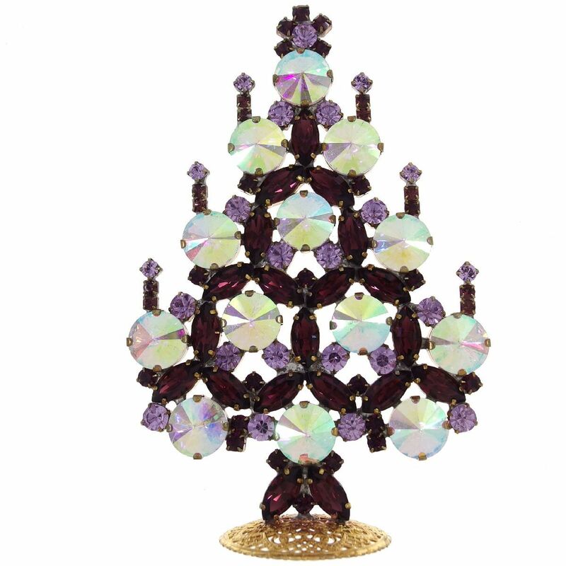 C3145◆【(LILIEN)】◆ 新品 紫 & オーロラ クリスマスツリーの置物 * 高さ約12.9㎝ ◆ チェコ産 ガラス ラインストーン ◆ ハンドメイド 
