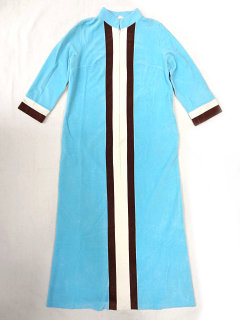 ビンテージ VANITY FAIR 60S 70S ベロア マルチ 色 スタンド カラー ロング ワンピース ベルスリーブ ブルー 青 レア ベルベット 青 茶 白