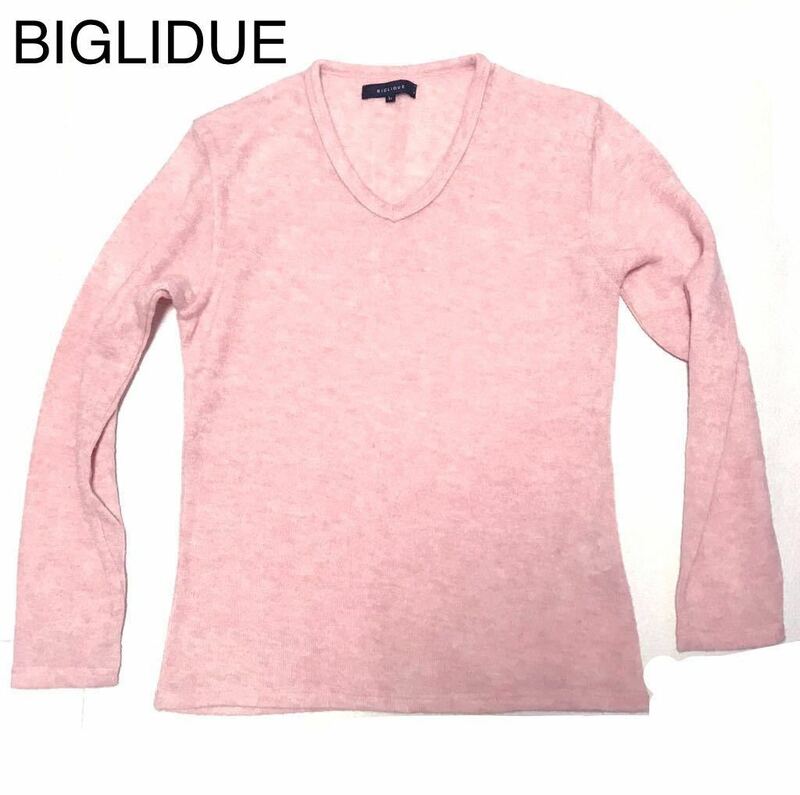 BIGLIDUE Vネック、長袖セーター　ピンク系　Lサイズ