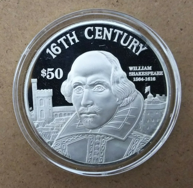 クック諸島 50＄(50ドル)銀貨 1997年製 16TH WILLIAM SHAKESPEARE 1564-1616 16世紀 シェイクスピア ケース付 *