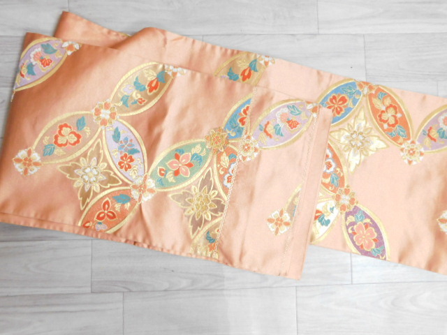 2 正絹 美品 金糸使いが素敵な華文様織り地 六通柄 袋帯 342㎝：礼装・振袖