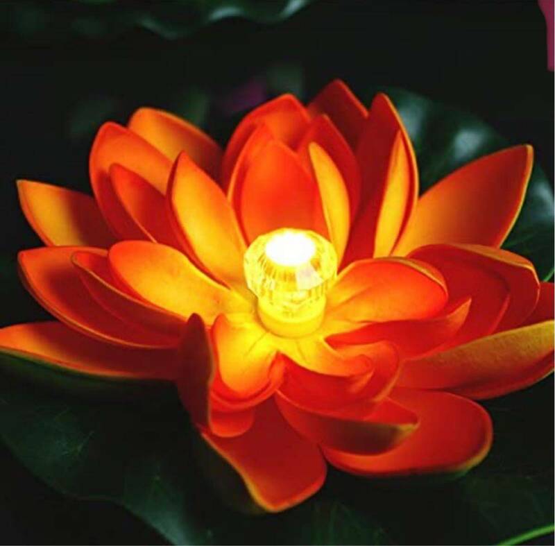 電光ホーム LED 光る ハス 造花 オレンジ 防水