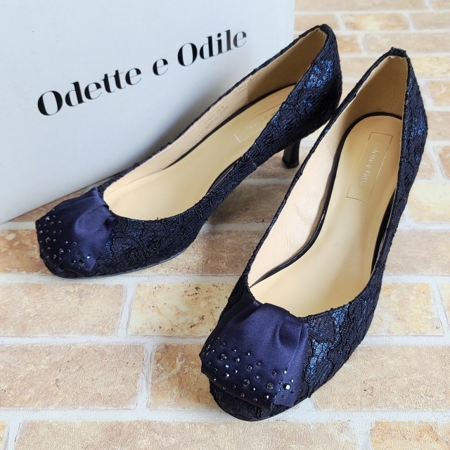 美品 オデットエオディール レース リボン パンプス 24.5 ネイビー Odette e Odile ユナイテッドアローズ パーティー ドレス