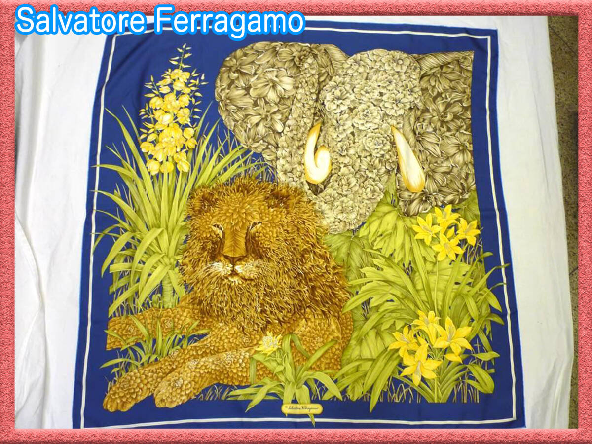 Salvatore Ferragamo フェラガモ スクエア シルク スカーフ 絹100% ライオン 象 花 フローラルプリント ストール ロゴ 正規品 美品高級感②