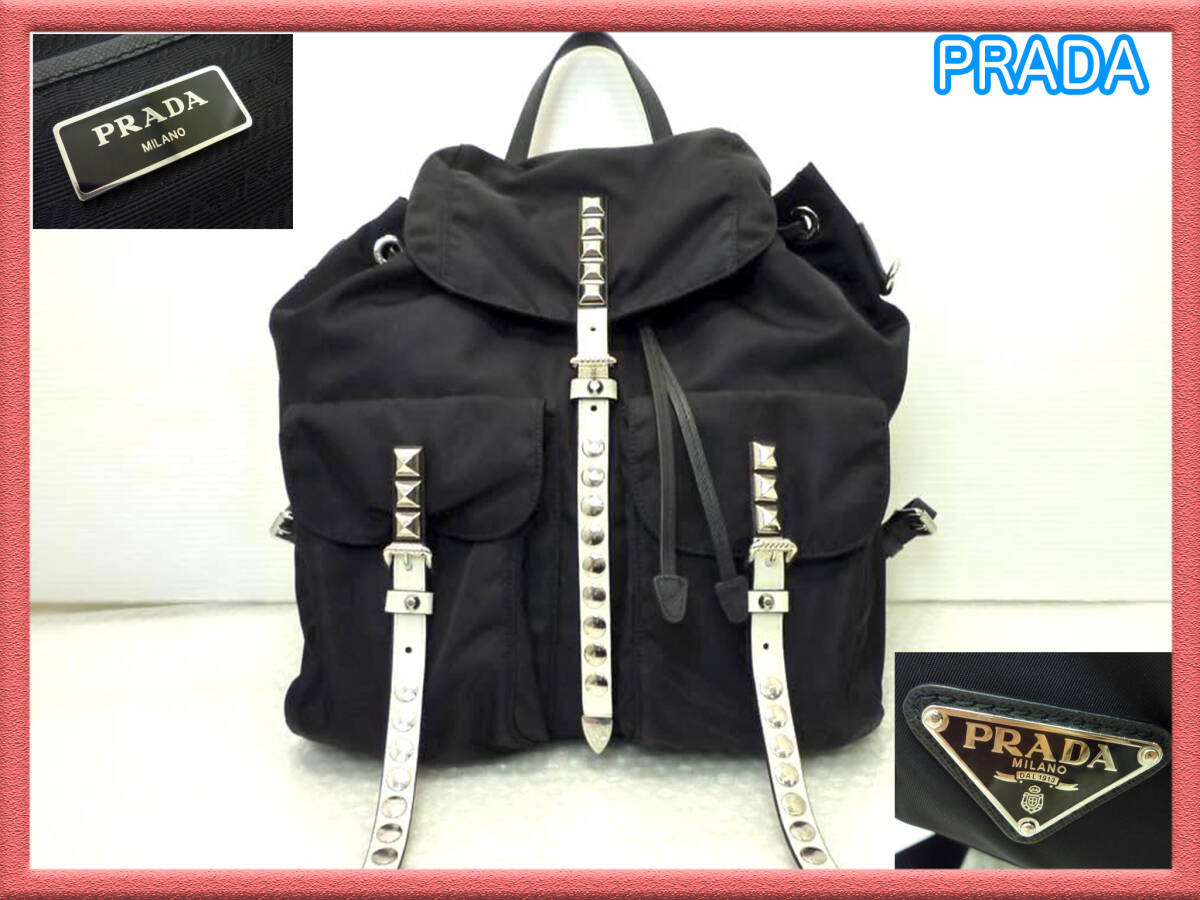 PRADA プラダ スタッズ付き リュックサック トライアングルロゴ バックパック ナイロン レザー NERO ブラック 黒 金具 鞄 Italy 未使用