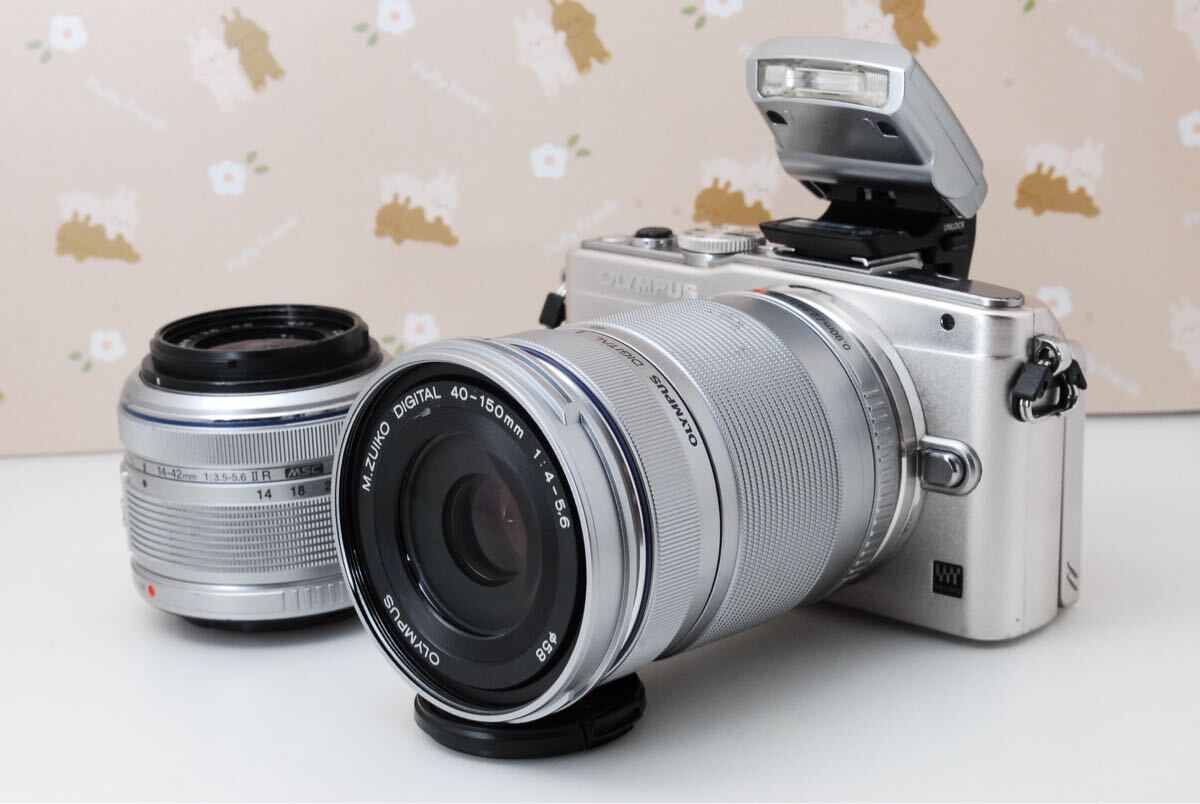 1円〜★美品★超高画質＆高速AF★オリンパス PEN Lite E-PL5 ダブルズームレンズキット シルバー★高性能ミラーレス一眼カメラ