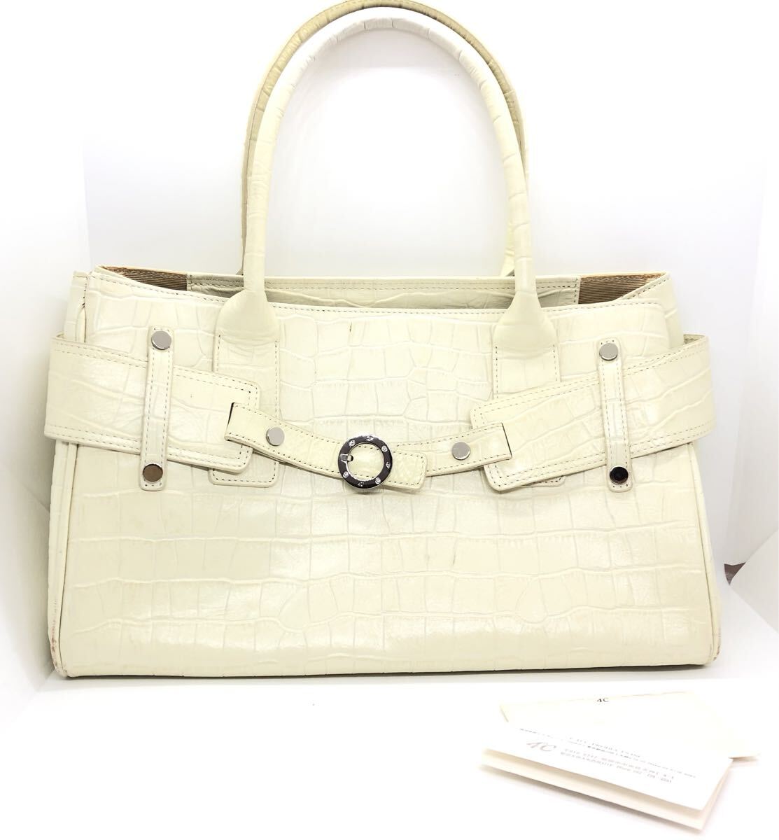 三237 4℃ ヨンドシー　トートバッグ ハンドバッグ レザー クロコ型押し ホワイト　レディース 鞄　(T)