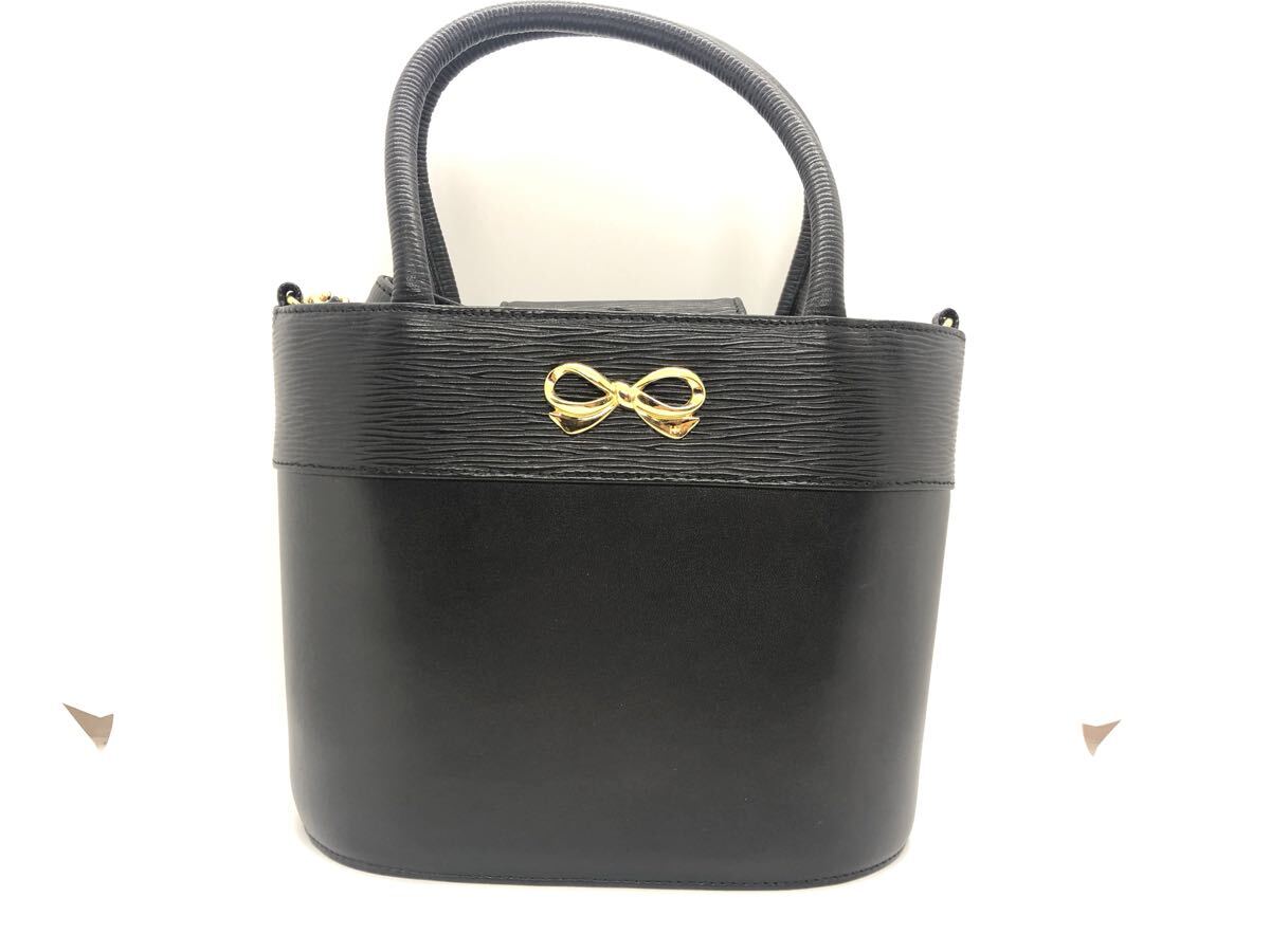 三225 HANAE MORI ハナエモリ ハンドバッグ ショルダーバッグ レザー ブラック 黒　リボンモチーフ 箱付き　(T)