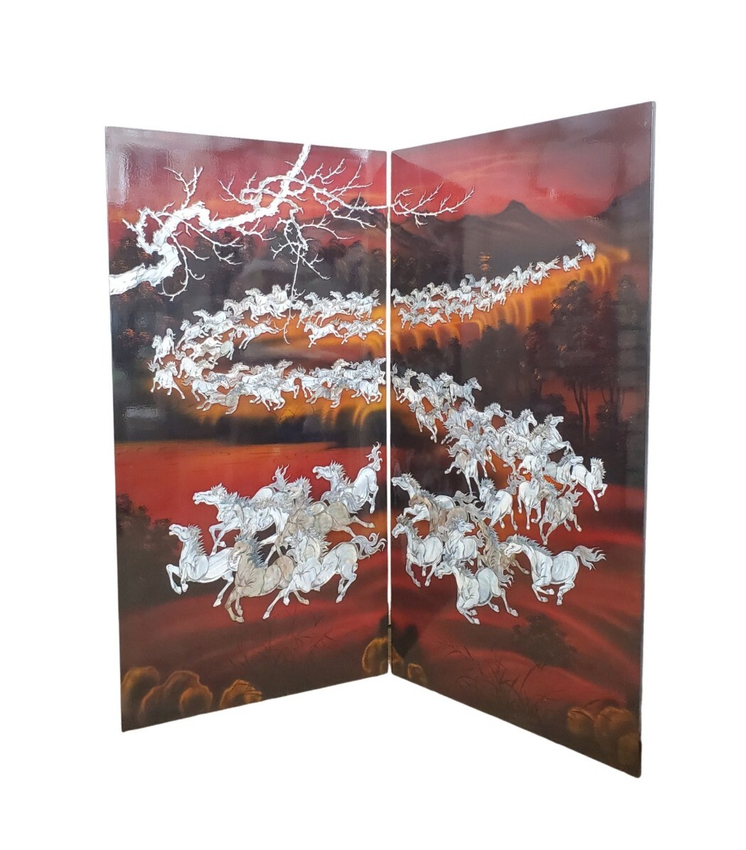 螺鈿細工 らでん 馬倒成功 2連衝立 パーテーション リビング 間仕切り 飾り 貝殻 馬柄 植物 高さ約120㎝ 折り畳み 検) 漆塗り 中国 韓国