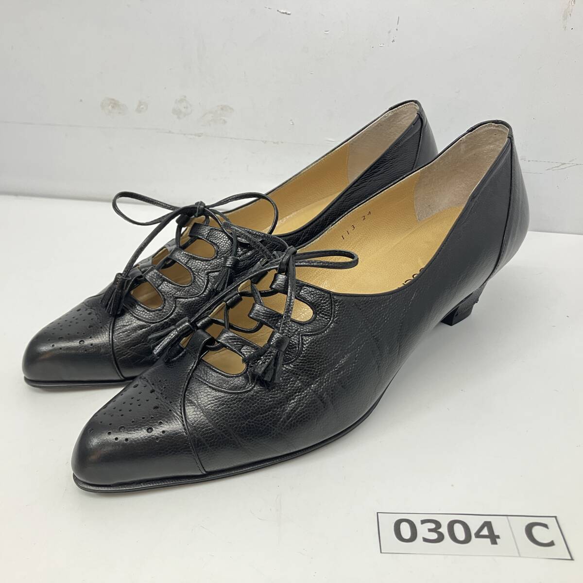 (志)【美品】銀座カネマツ VIN DOUCHE 本革 レースアップ パンプス リボン タッセル ブラック 黒 24cm GINZA kanematsu(I)0304C