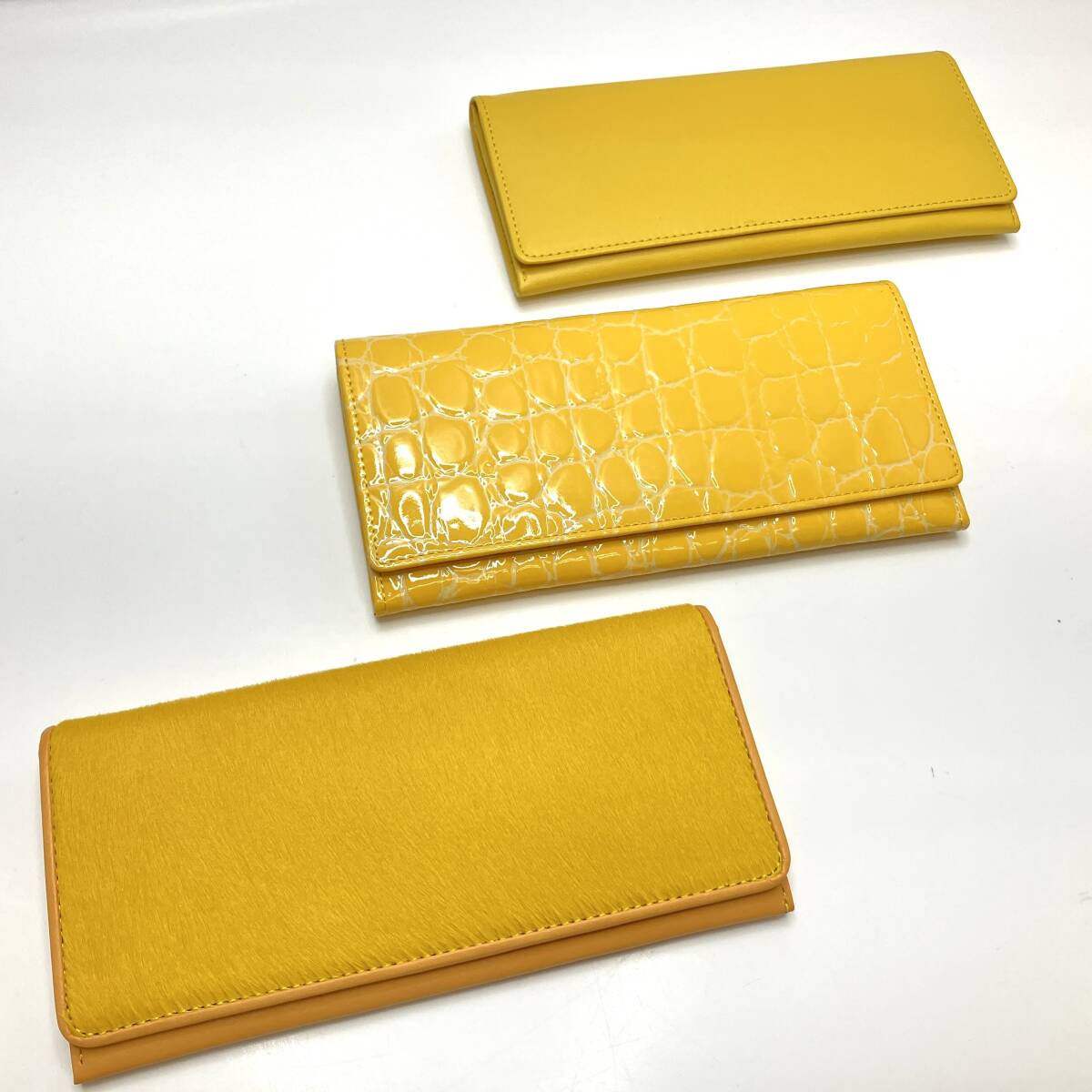 在庫有(志)新品★長財布3点セット イエロー 黄色 ハラコ調/合皮レザー/クロコ型押し/エナメル 開運 風水/金運/運招き/小銭入れ付 (I)0528A