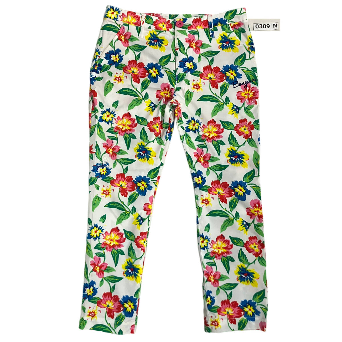 (志)【美品】le coq sportif GOLF/ルコック ゴルフ ボタニカル アンクルパンツ ゴルフウェア サイズ11 ホワイト 花柄 (I)0309N