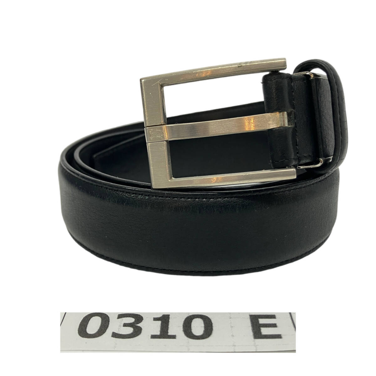 (志)BURBERRY/バーバリー レザー ベルト シルバー金具 ホースロゴ ブラック 黒 全長約95cm(約79～84cm間3つ穴)(検)本革 (I)0310E