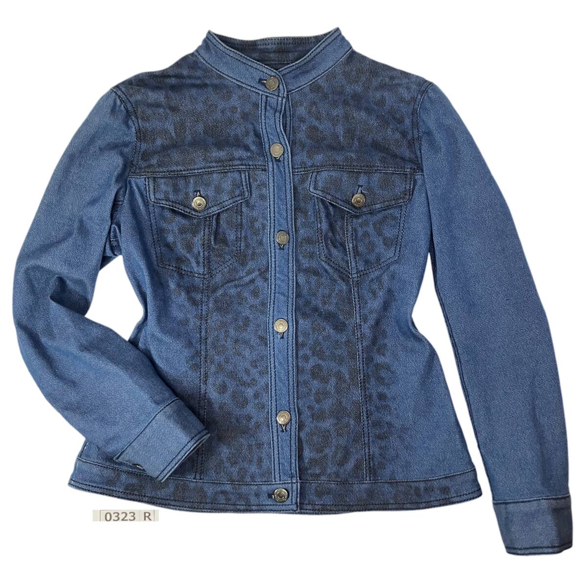 (志)【美品】伊太利屋/イタリヤ GK ヒョウ柄 レオパード デニムジャケット 9号 アニマル柄 着丈:約54.5cm インディゴ ブルー (I)0323R