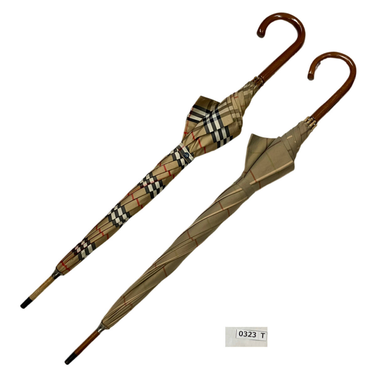 (志)【2本セット】Burberrys/バーバリー ノバチェック/チェック 総柄 長傘 雨傘 手開き ブラウン系 ウッドハンドル アンブレラ(I)0323T