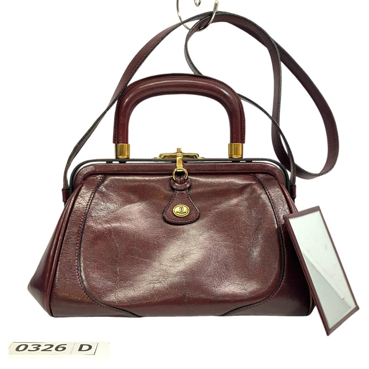 志【美品】GOLD-PFEIL/ゴールドファイル 2way ハンドバッグ ショルダーバッグ 手鏡付 レザー ミニボストン ボルドー ヴィンテージ(I)0326D