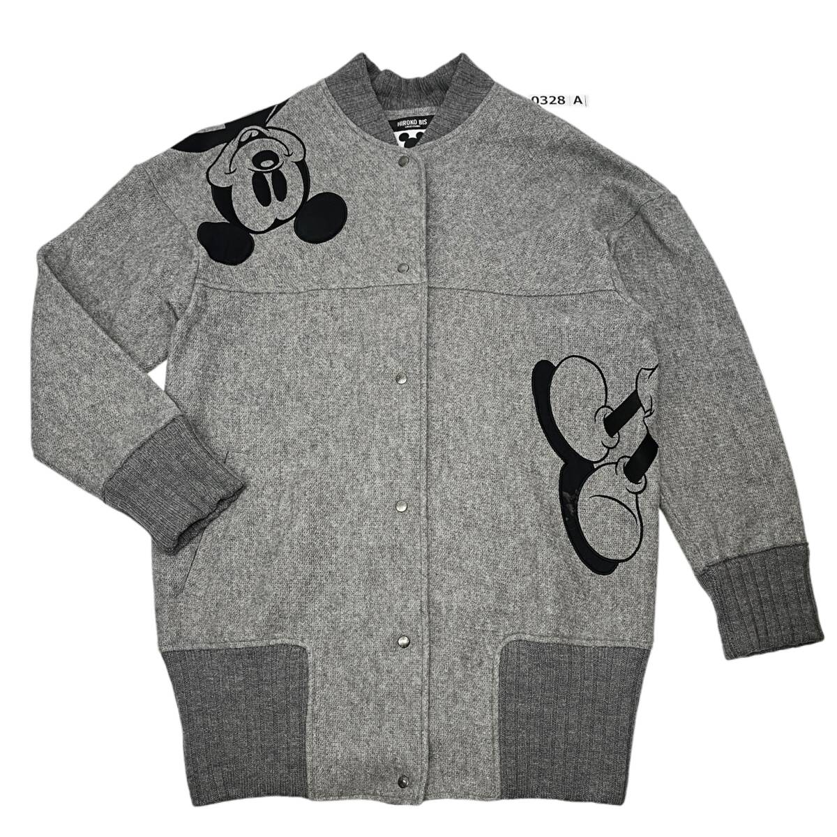 (志)HIROKO BIS/ヒロココシノ ディズニー ミッキーマウス ニット セーター グレー カーディガン レディース 11 L 長袖 着丈:約73cm(o)0328A