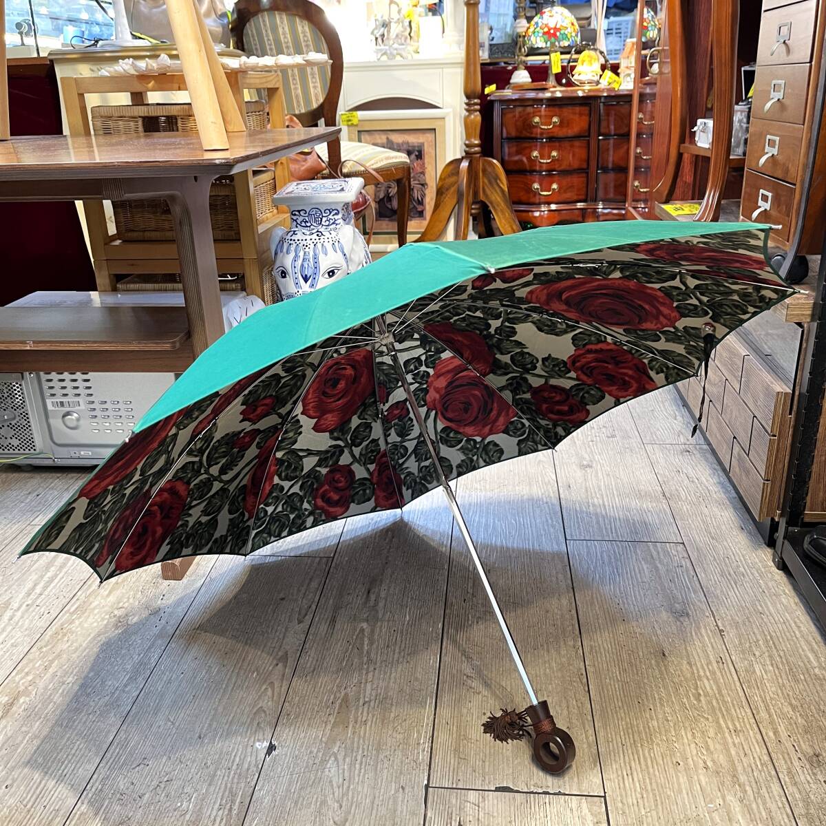 (志)mont blanc/モンブラン yamaguchi/ヤマグチ 東京 折りたたみ傘 バラ 薔薇 傘袋 緑/グリーン 花柄 直径:約91cm 洋傘 高級 (o)1017B