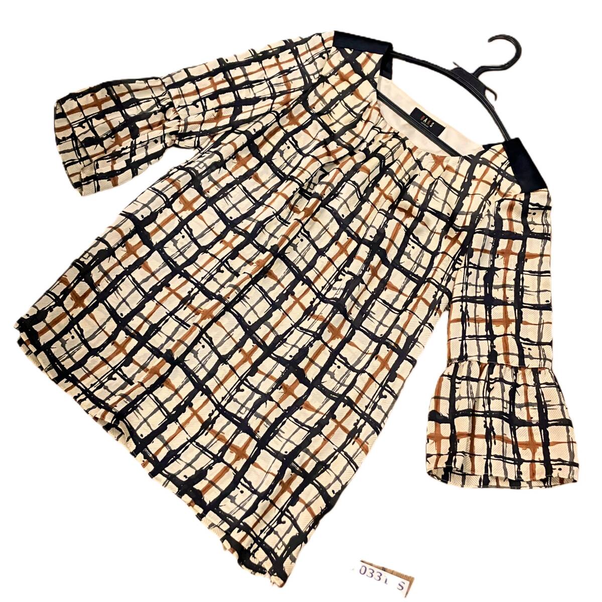 (志)【美品】DAKS/ダックス チェック柄 チュニック シフォン ブラウス 七分袖 サイズ42 ベージュ 大きいサイズ (I)0331S