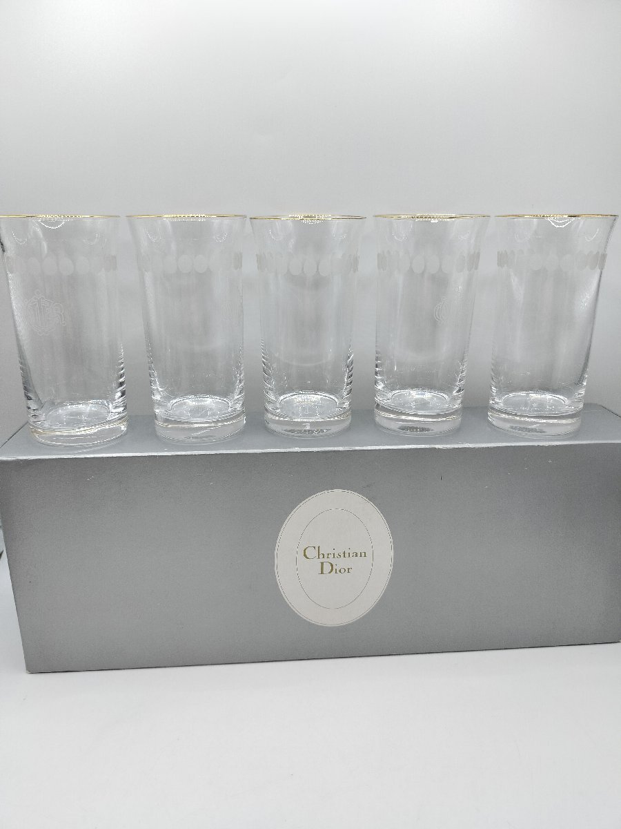 クリスチャンディオール ChristianDior 金彩 ロゴ グラス 5客 ヴィンテージ 箱付き 現状品 J2015
