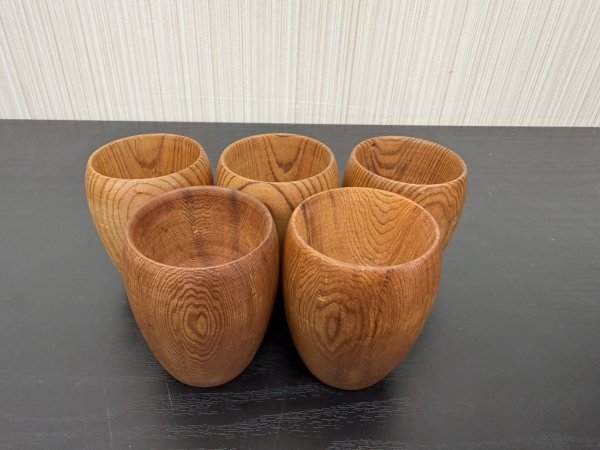 A3　屋久杉　湯呑　茶器　カップ　在銘　5点　木工芸　工芸品　現状品