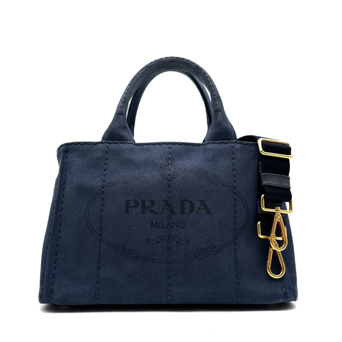 【美品】PRADA プラダ カナパ Sサイズ 2WAY ショルダーバッグ デニム ネイビー 紺 三角ロゴ ゴールド金具 トートバッグ ハンドバッグ 鞄