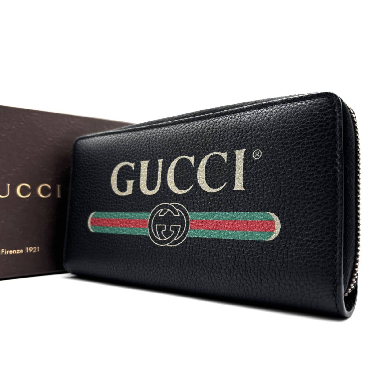 【未使用保管品】 グッチ GUCCI 長財布 シェリーライン ヴィンテージロゴ プリント レザー ブラック 黒 496317 メンズ レディース