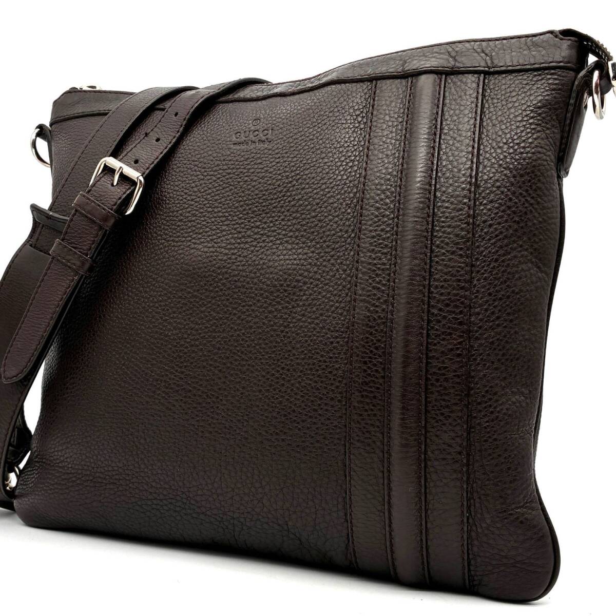 良品 GUCCI グッチ ショルダーバッグ メッセンジャーバッグ レザー ダークブラウン 濃茶 斜めがけ 肩掛け A4収納可 通勤 通学 メンズ