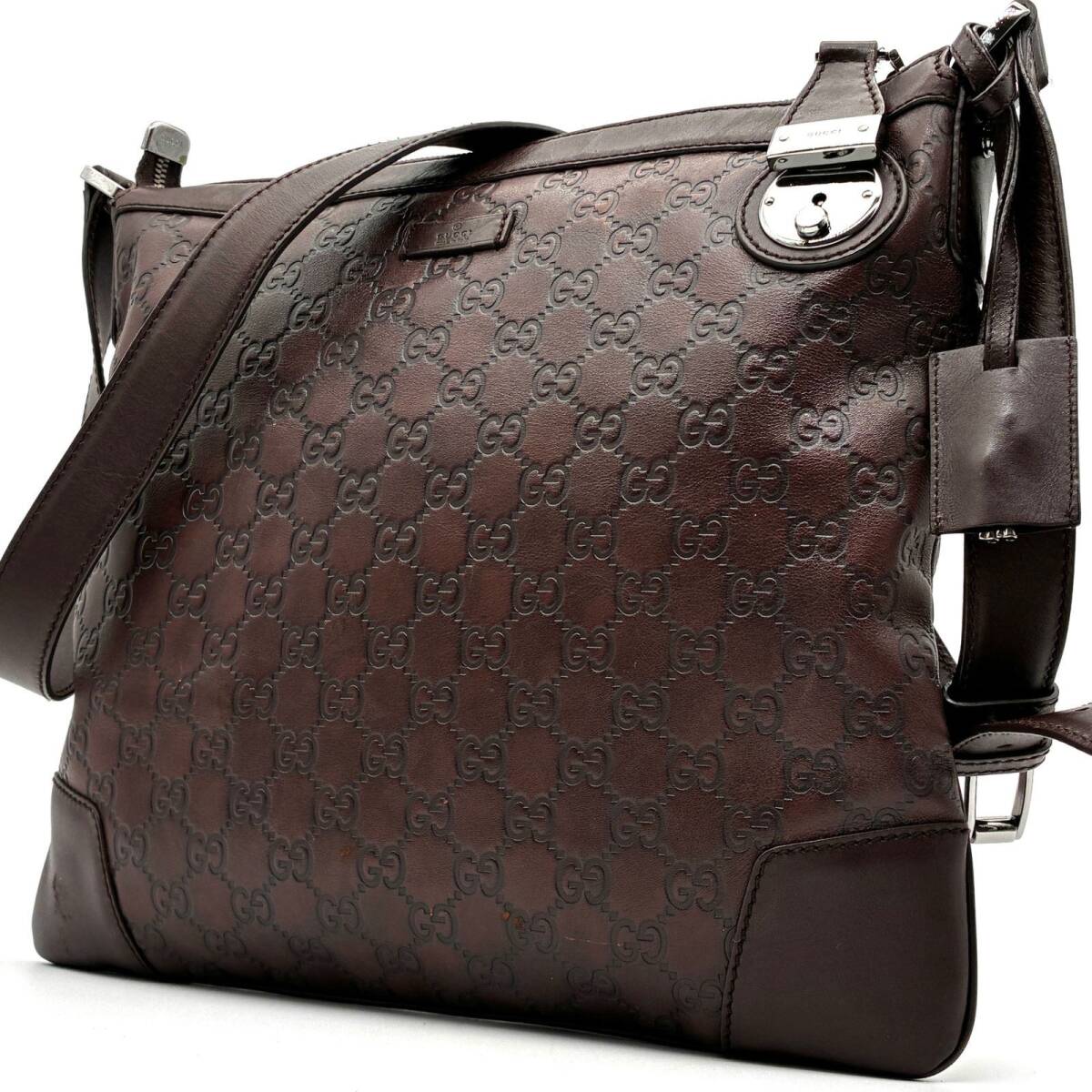 極美品 GUCCI グッチ グッチシマ ショルダーバッグ メッセンジャーバッグ レザー 本革 ダークブラウン 焦茶 通勤 通学 斜め掛け